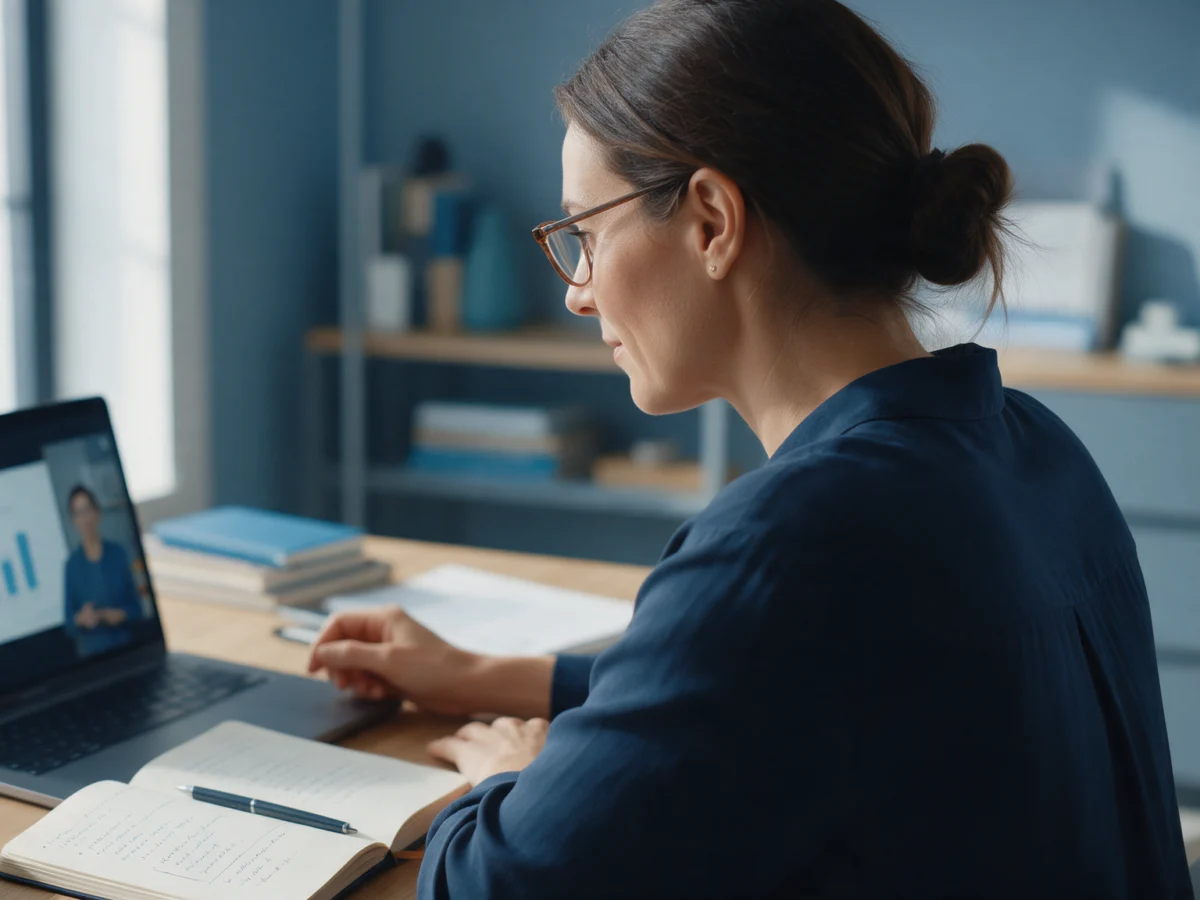 Alumna siguiendo una clase online desde casa, con cuaderno de apuntes (imagen generada con IA)